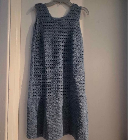 Handmade Blue Crochet Dress & Ivory Scarf Set Fringe Boho Beach Outfit - Picture 12 of 12